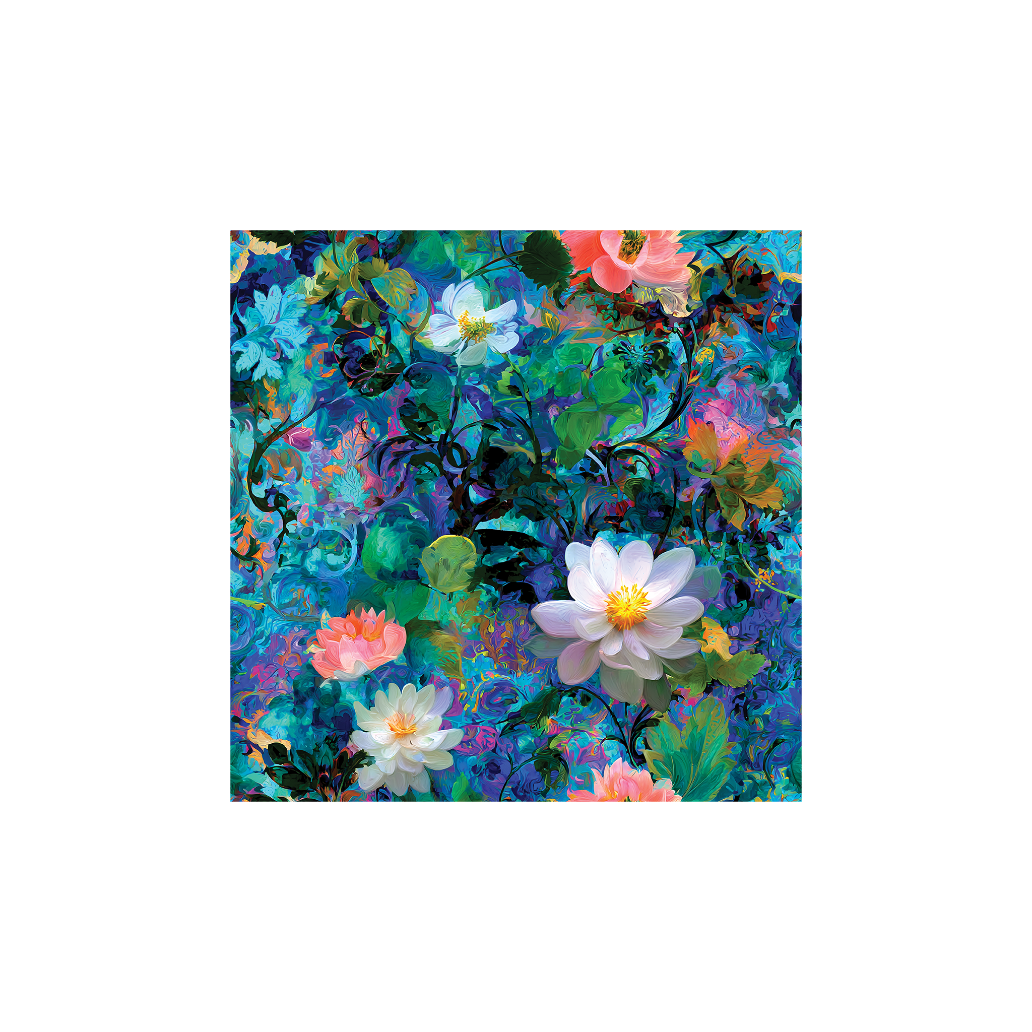 Tissu Amara Maison Cossettini, motif floral aquatique aux tons bleus, verts profonds et touches colorées, collection Atelier.