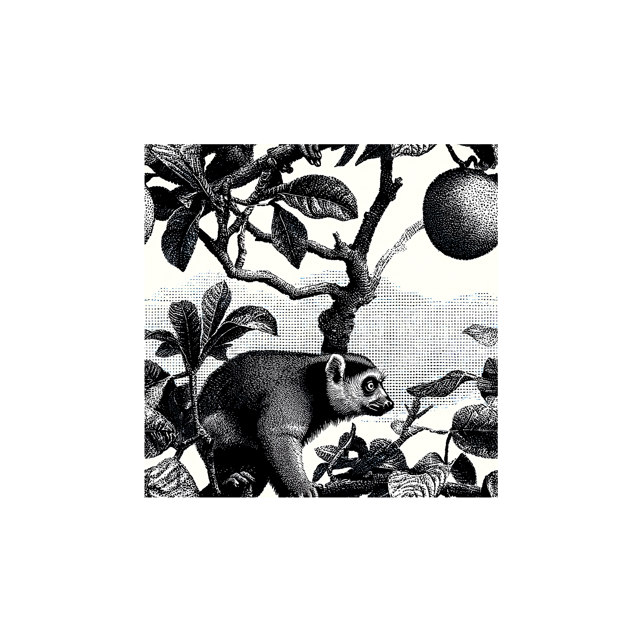 Tissu Bianca Maison Cossettini, motif animalier noir et blanc style gravure botanique, collection Atelier.
