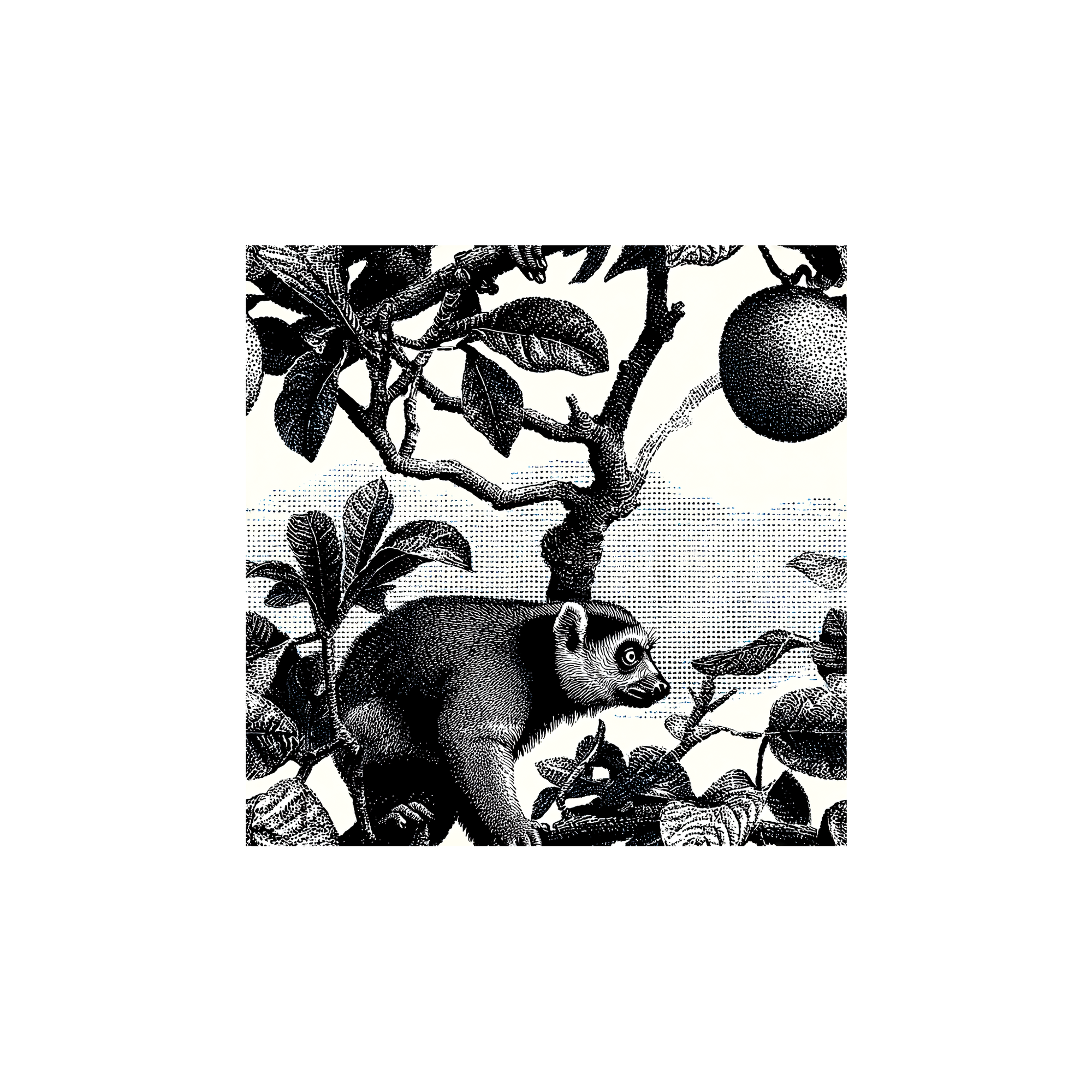 Tissu Bianca Maison Cossettini, motif animalier noir et blanc style gravure botanique, collection Atelier.
