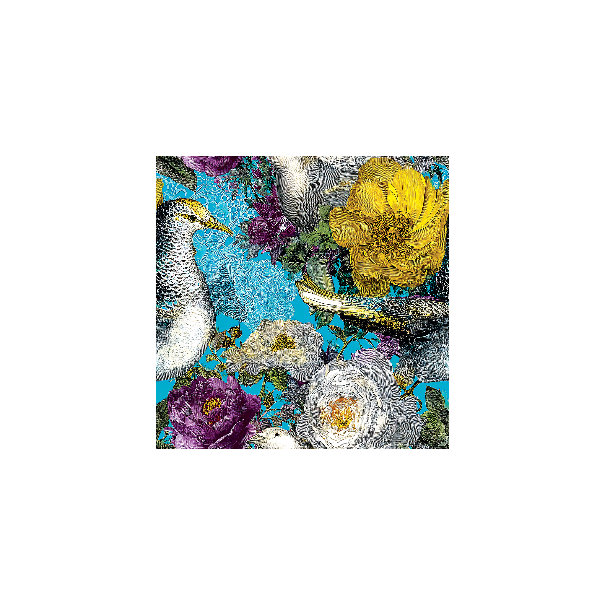 Tissu Carina Maison Cossettini, motif floral et animalier baroque aux tons turquoise, jaune et violet, collection Atelier.