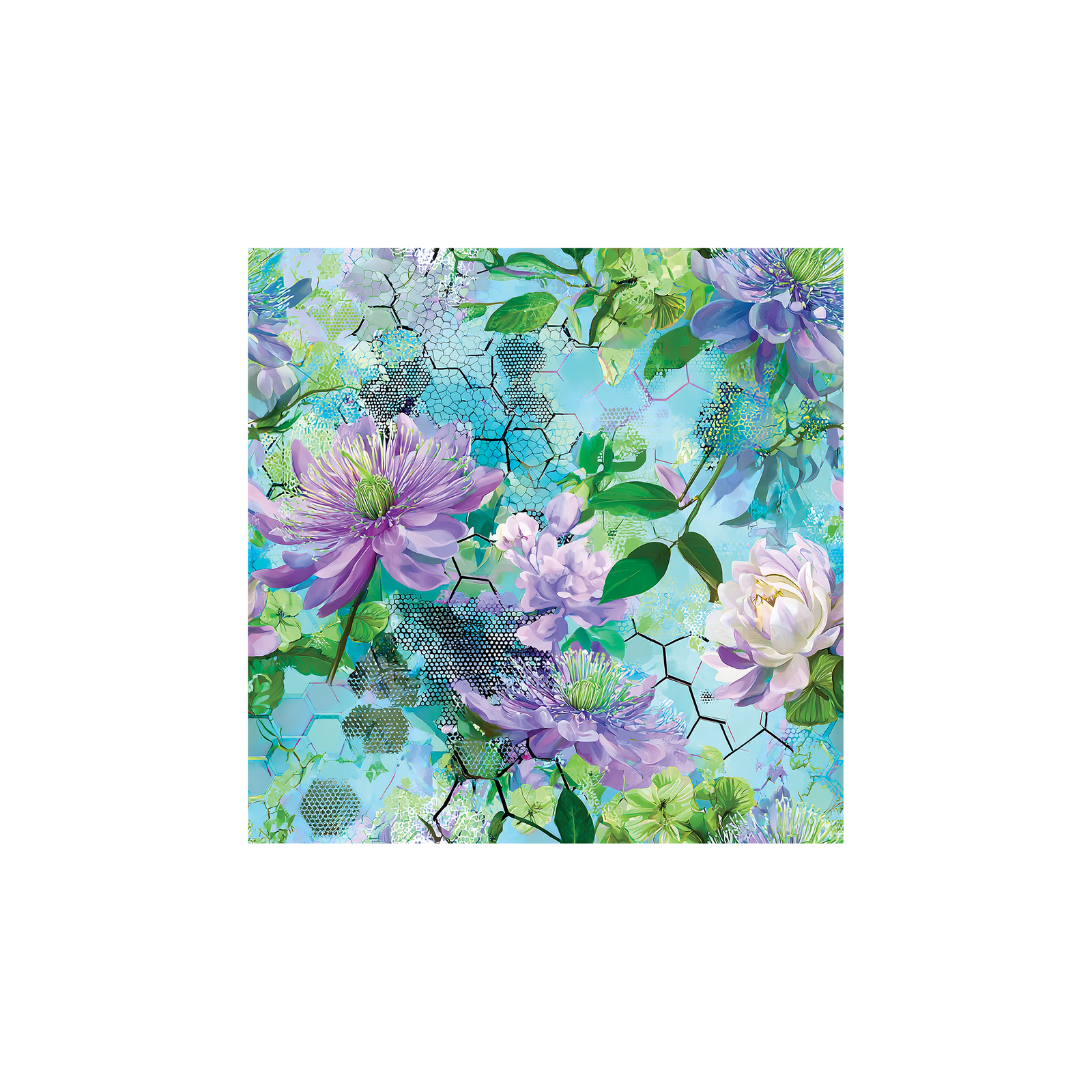 Tissu Carla Maison Cossettini, motif floral graphique violet et vert sur fond turquoise, collection Atelier.