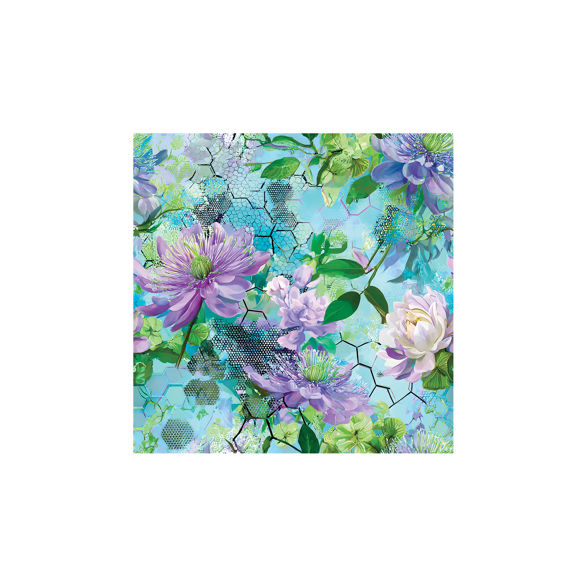 Tissu Carla Maison Cossettini, motif floral graphique violet et vert sur fond turquoise, collection Atelier.