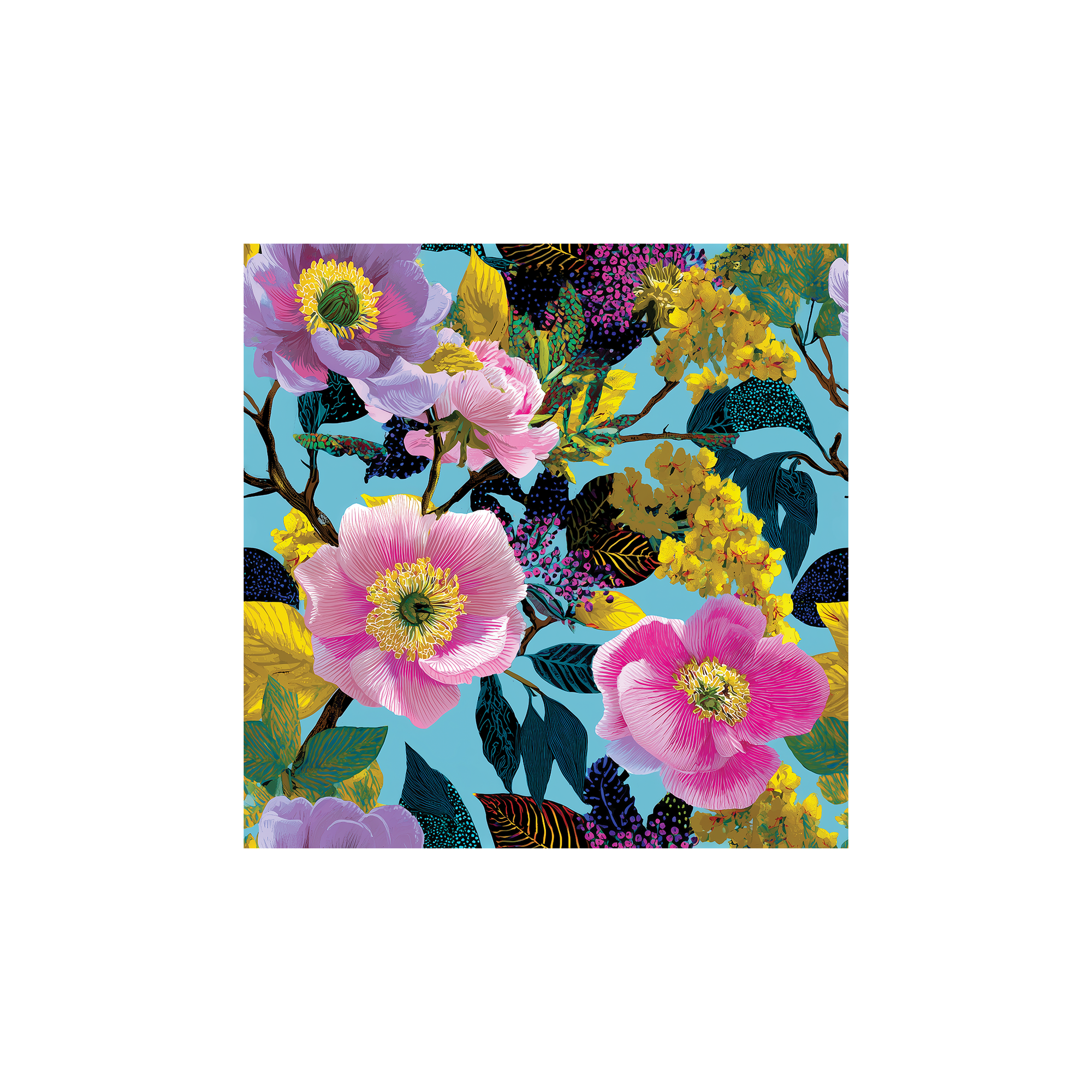 Tissu Carmina Maison Cossettini, motif floral coloré rose et jaune sur fond turquoise, collection Atelier.
