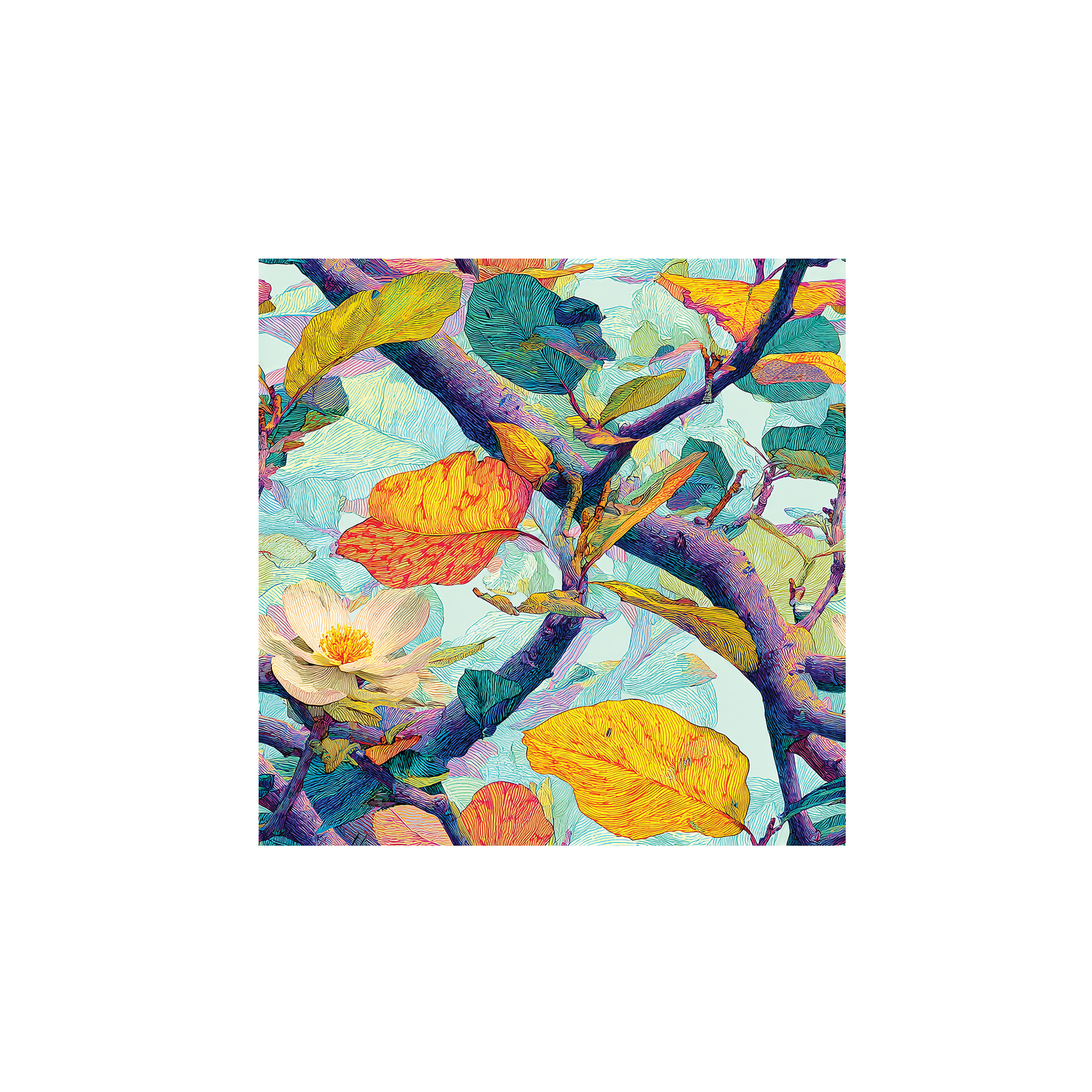 Tissu Donatella Maison Cossettini, motif botanique coloré aux feuilles jaunes et branches violettes sur fond clair, collection Atelier.