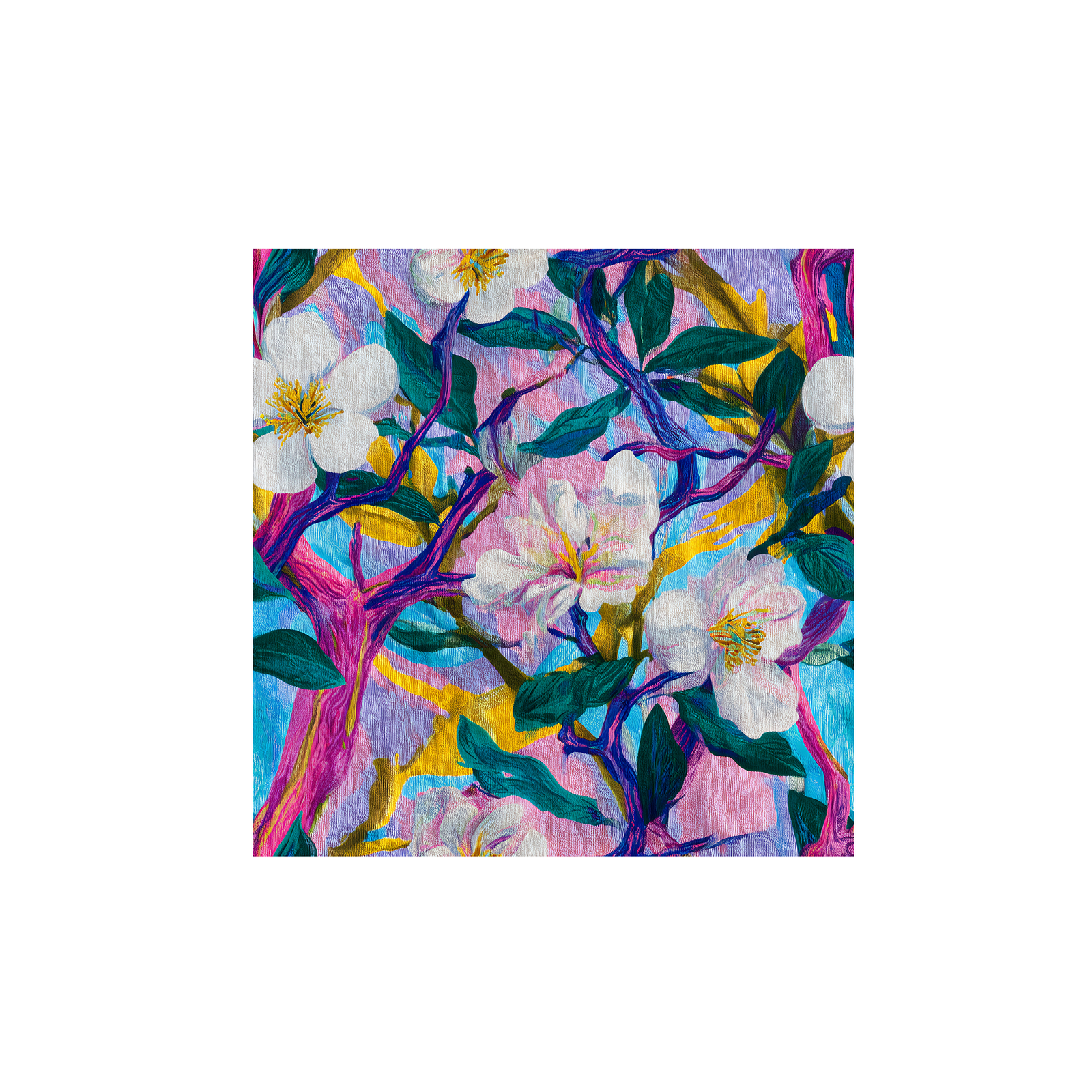 Tissu Flora Maison Cossettini, motif floral aux branches violettes et fleurs blanches sur fond rose et jaune, collection Atelier.