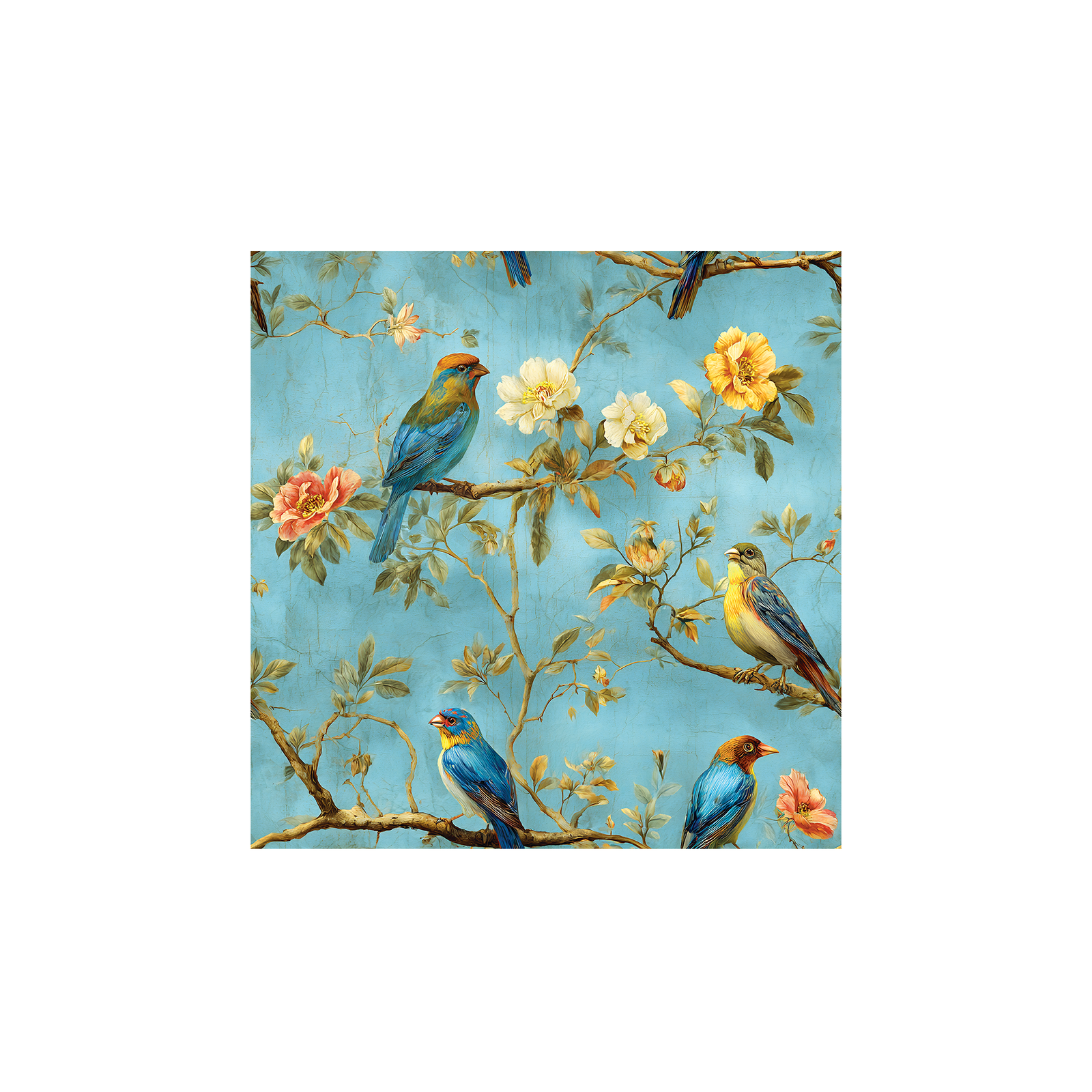 Tissu Gabriele Maison Cossettini, oiseaux bleus et fleurs dorées sur fond turquoise, style poétique et raffiné.