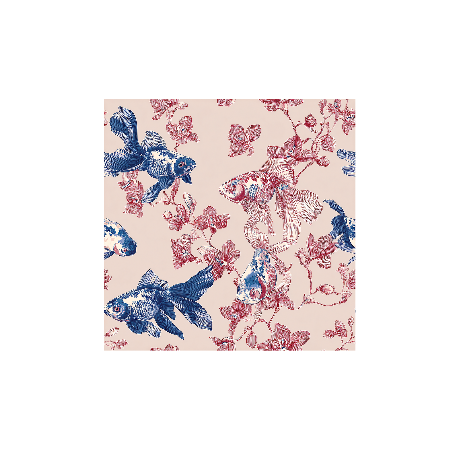 Tissu Gabriella Maison Cossettini, motif poissons bleus et fleurs roses sur fond poudré, collection Atelier.