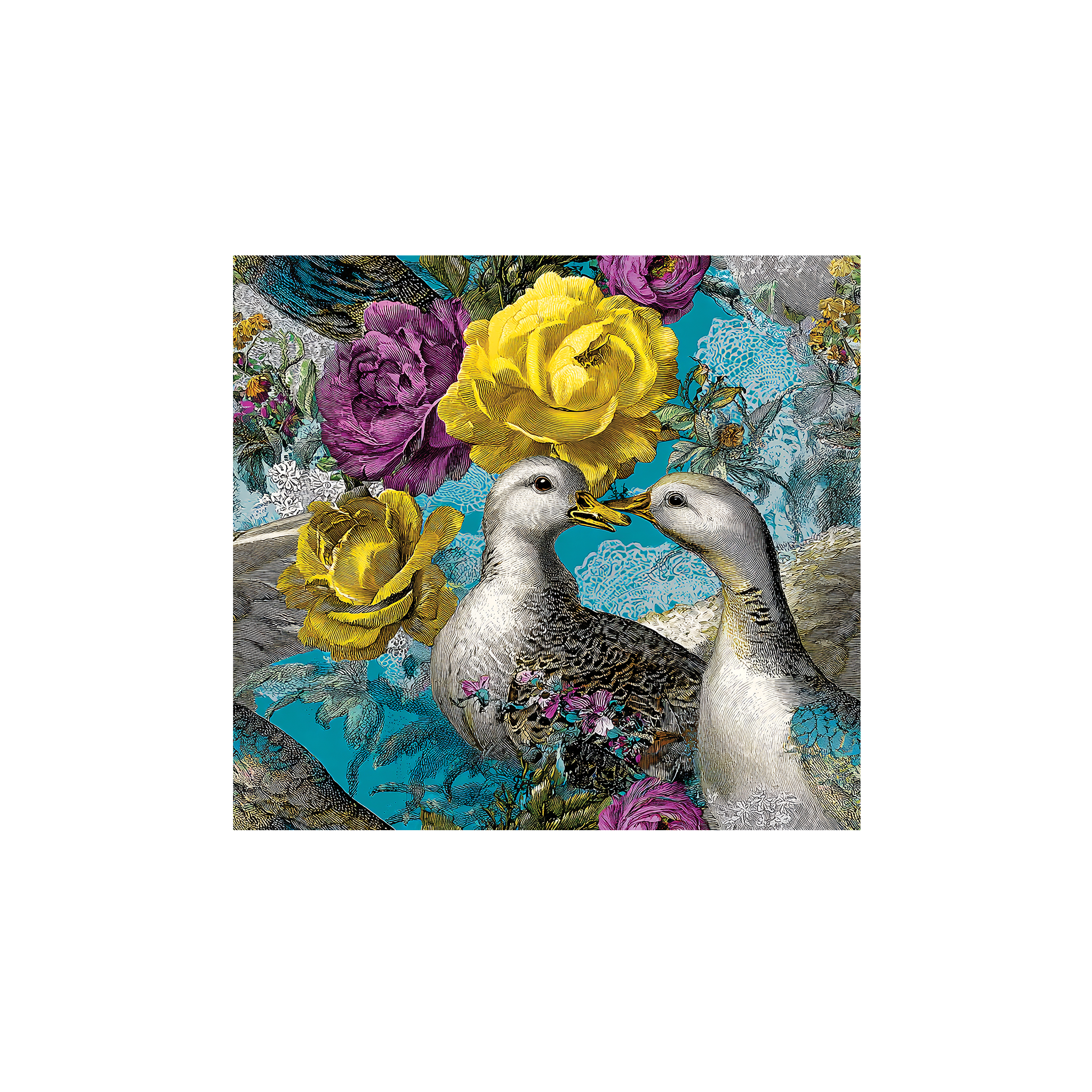 Tissu Giulia Maison Cossettini, motif oiseaux et roses jaunes et violettes sur fond turquoise, collection Atelier.