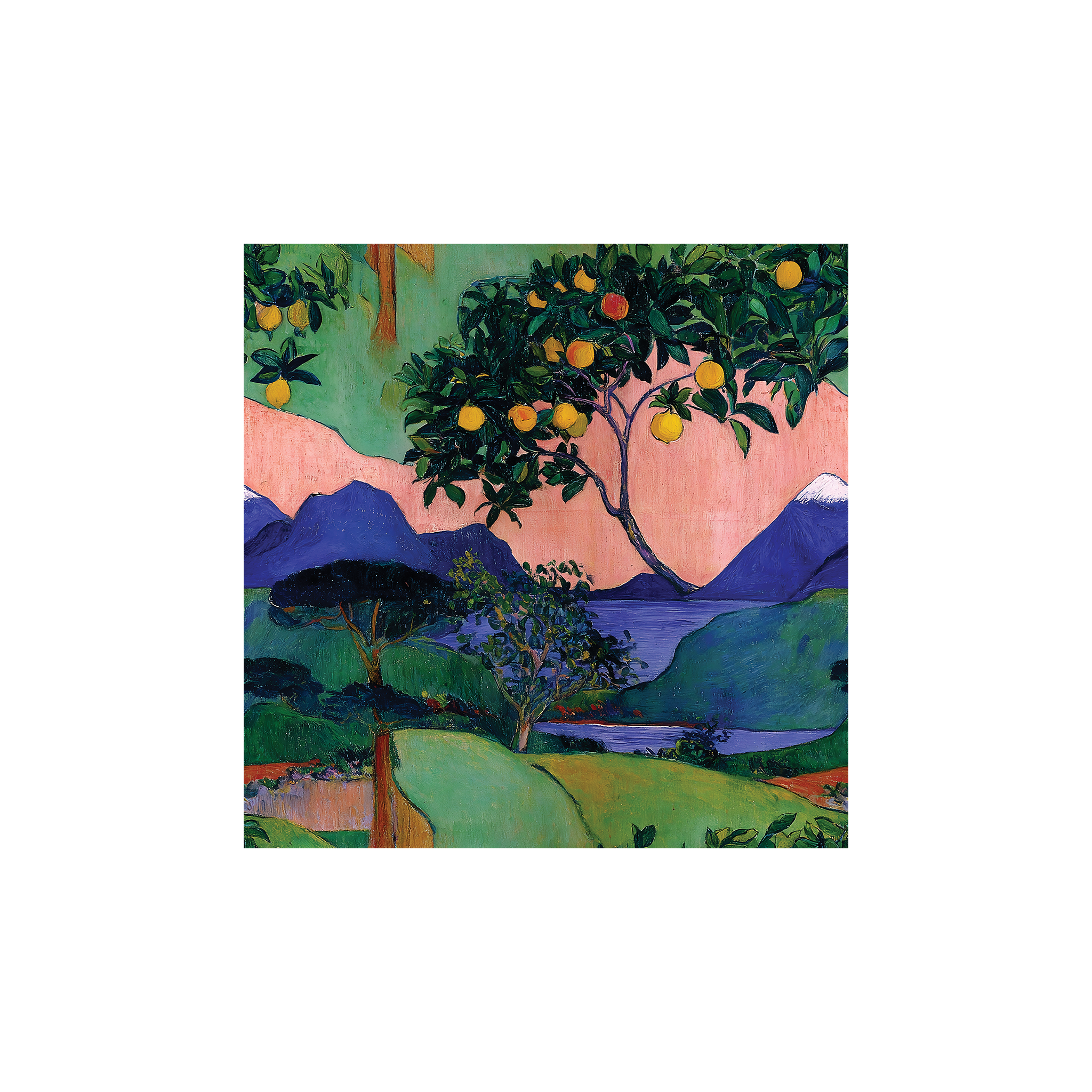 Tissu Leda Maison Cossettini, motif inspiré de Gauguin, paysage tropical aux tons verts, roses et bleus, collection Atelier.