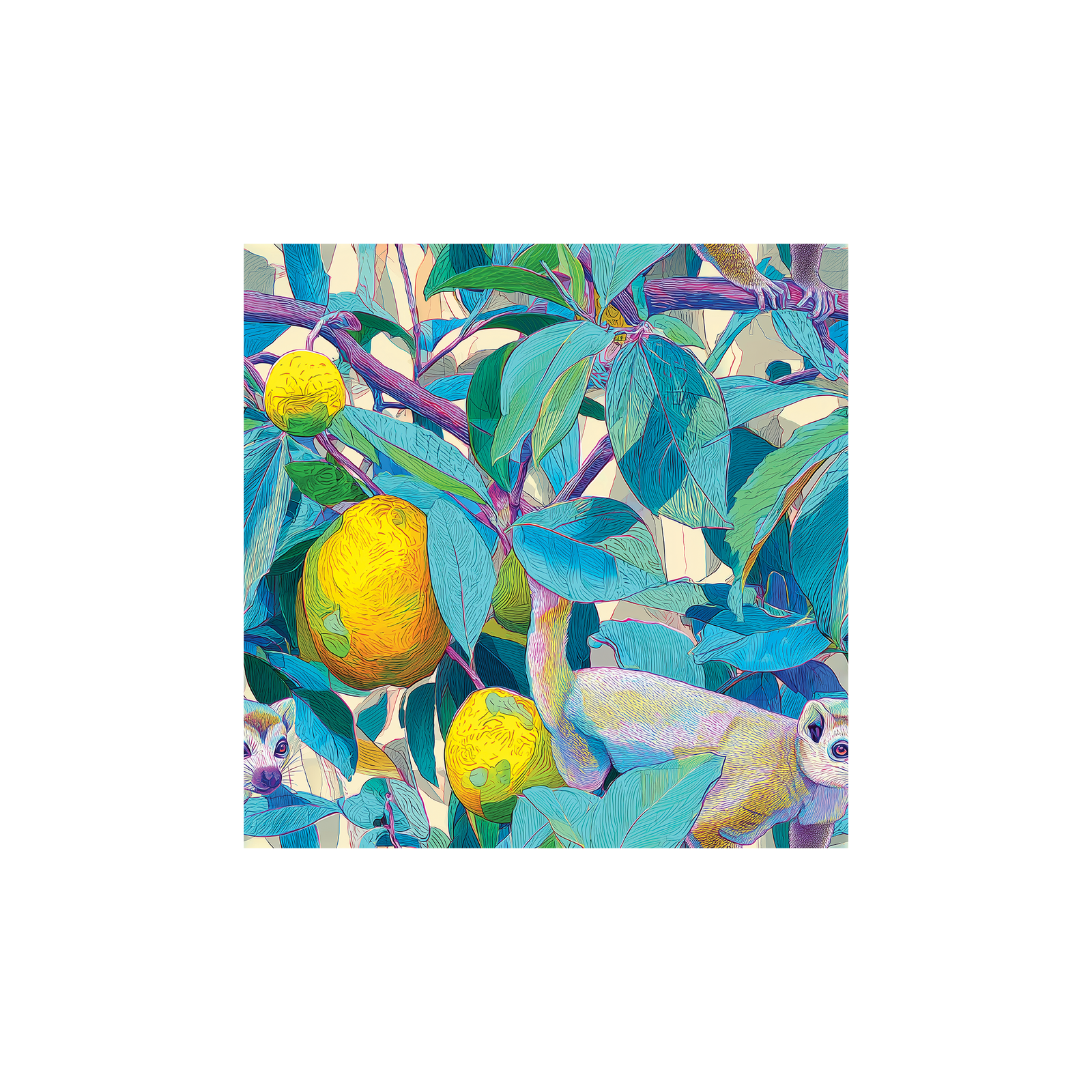 Tissu Magda Maison Cossettini, motif coloré de feuilles turquoise, citrons jaunes et lémuriens, collection Atelier.