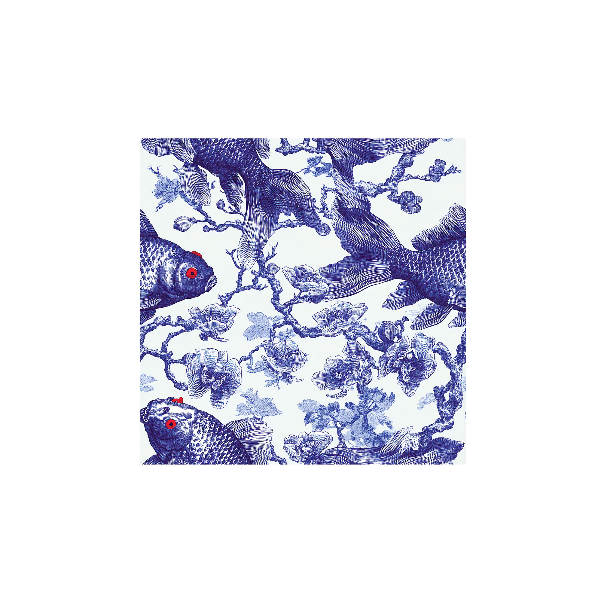 Tissu Marina Maison Cossettini, motif japonais bleu et blanc avec poissons et fleurs de cerisier, collection Atelier.
