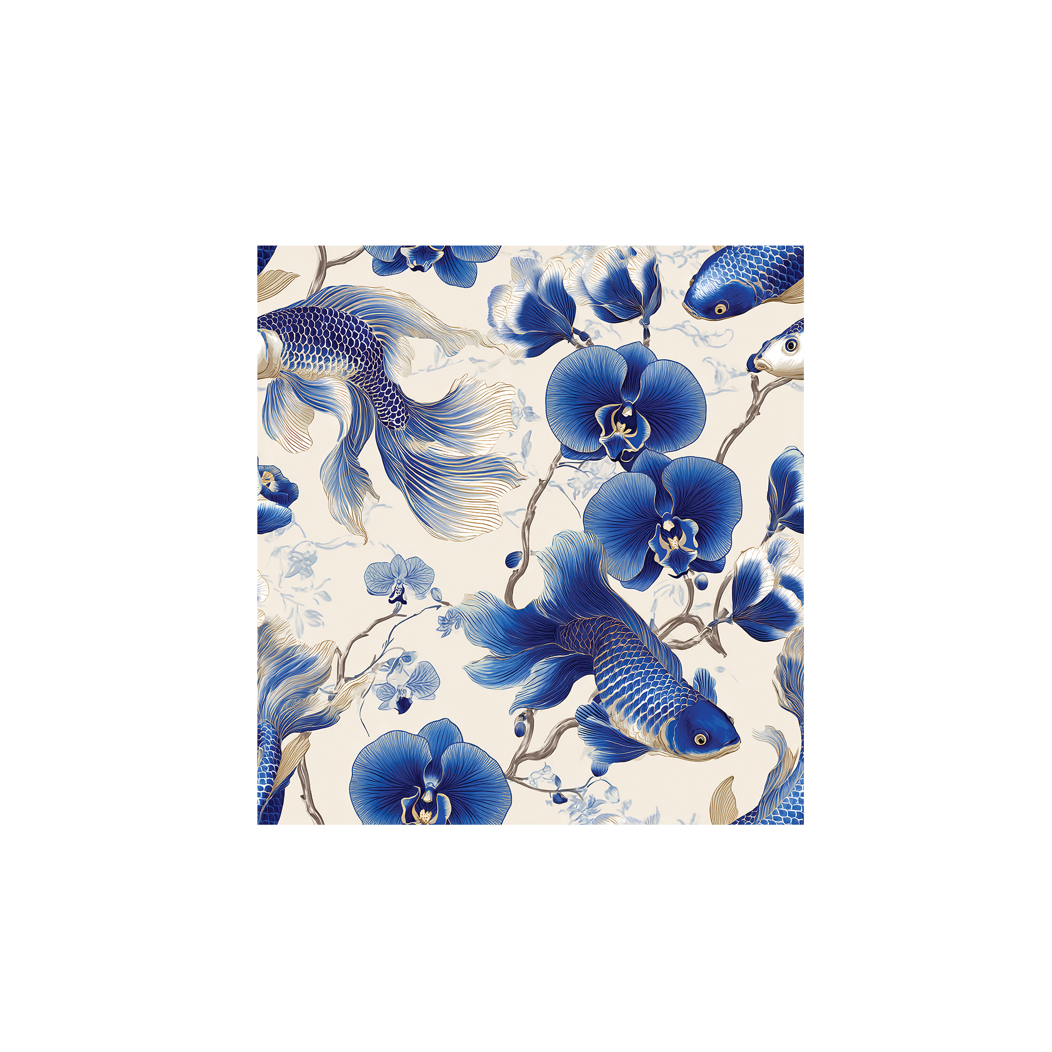 Tissu Mila Maison Cossettini, motif poissons et orchidées bleues sur fond ivoire, style oriental.