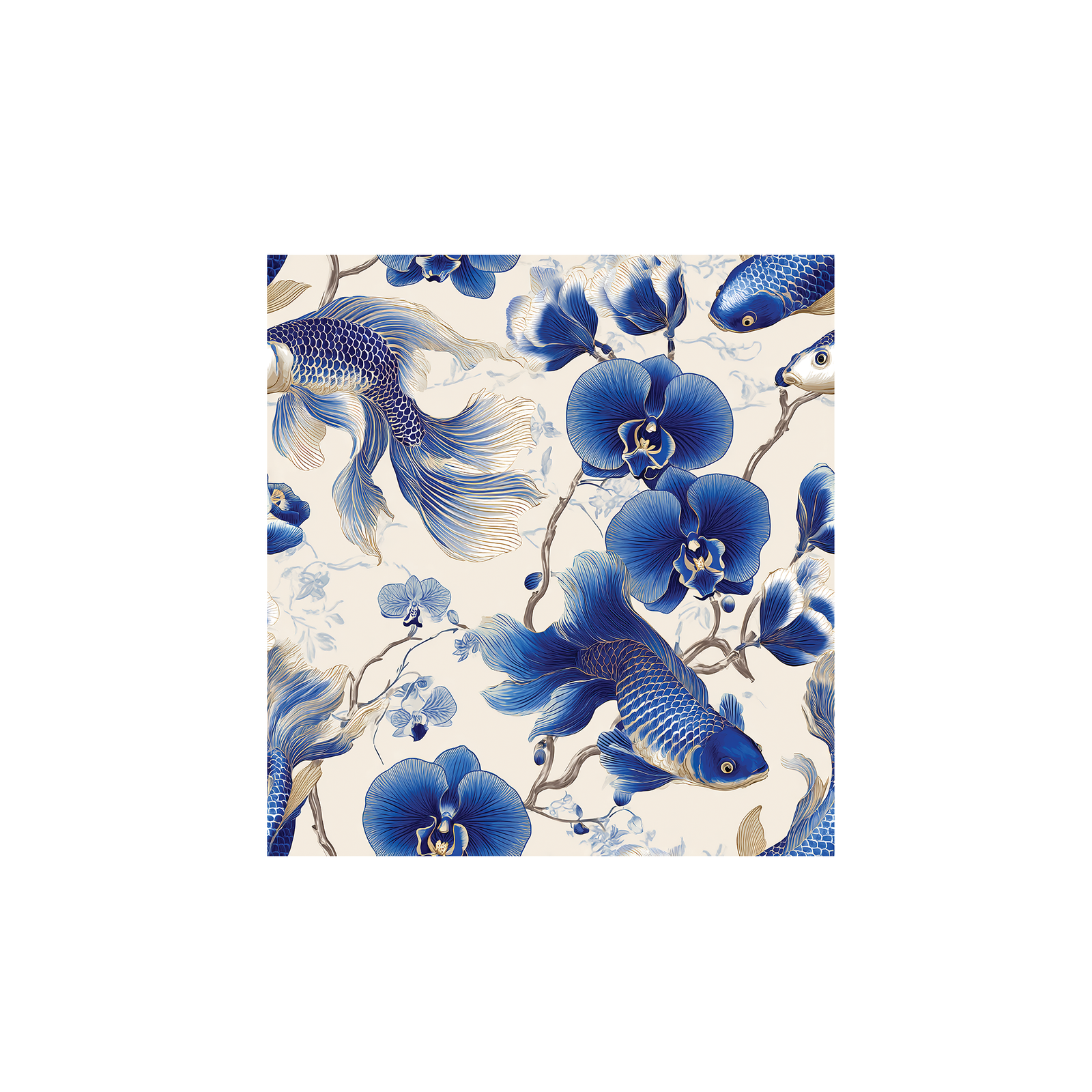 Tissu Mila Maison Cossettini, motif poissons et orchidées bleues sur fond ivoire, style oriental.