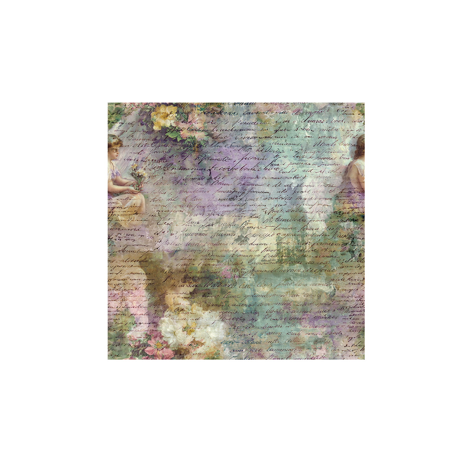Tissu Nola Maison Cossettini, motif vintage avec écritures manuscrites, fleurs et silhouettes peintes, collection Atelier.