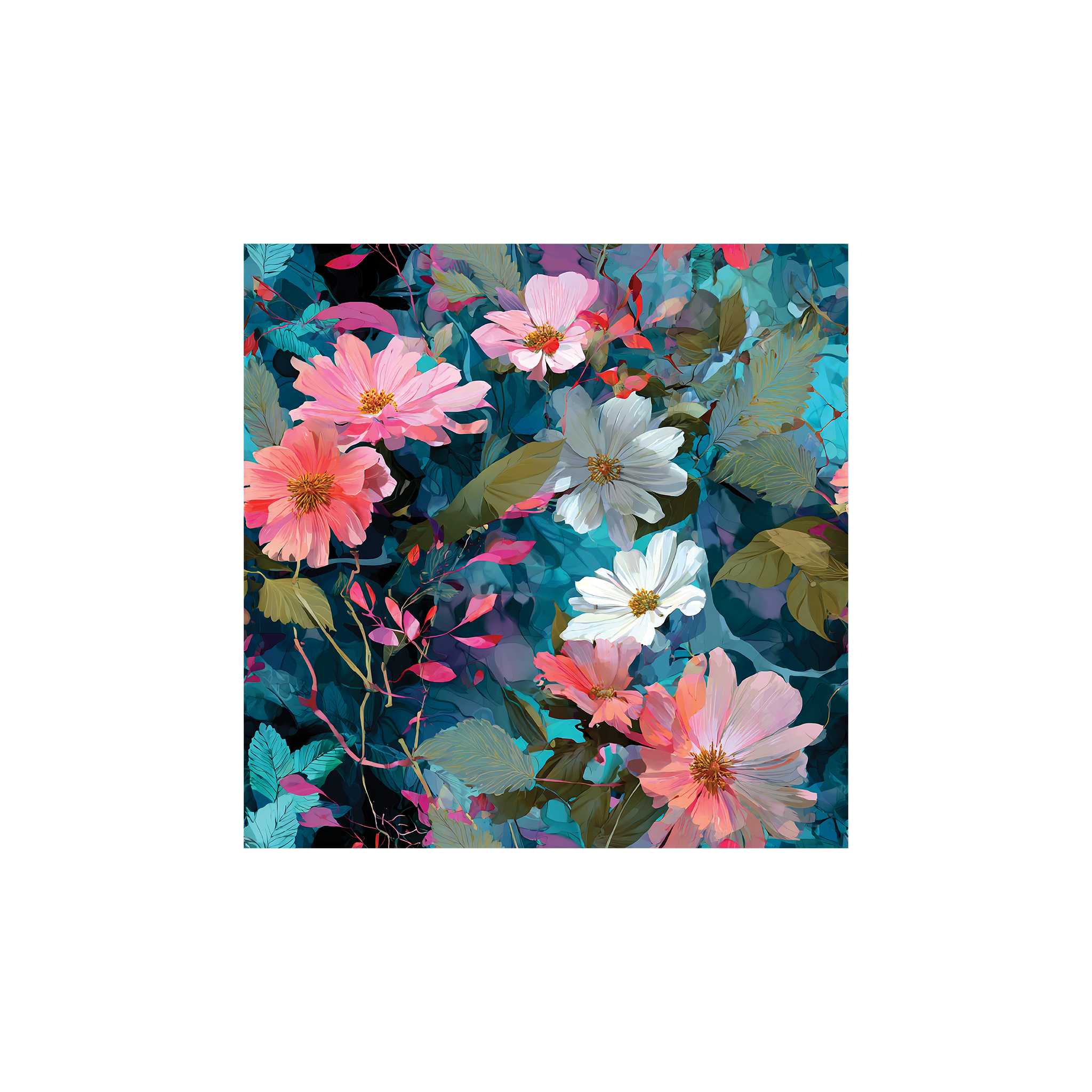 Tissu Ornella Maison Cossettini, motif floral coloré sur fond turquoise profond, collection Atelier.