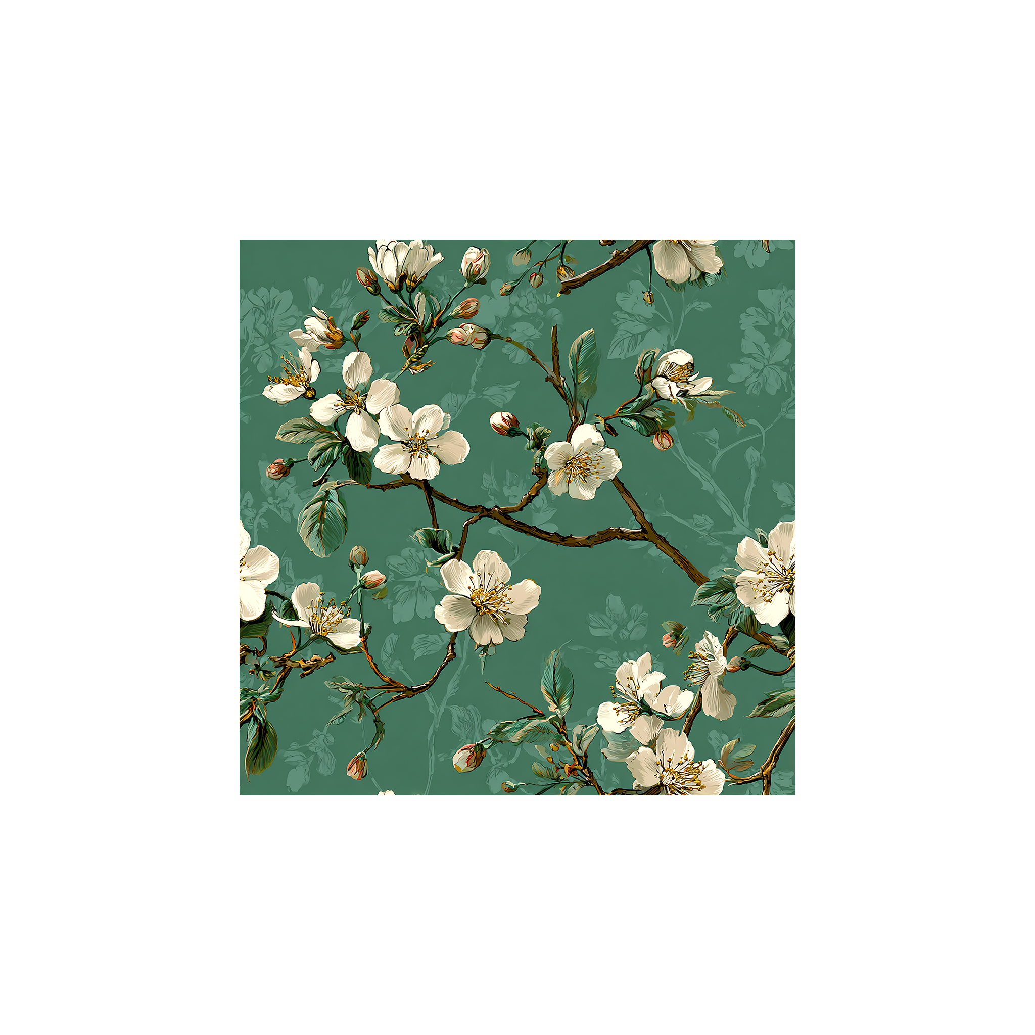 Tissu Valentina Maison Cossettini, branches fleuries sur fond vert sauge, motif floral délicat.