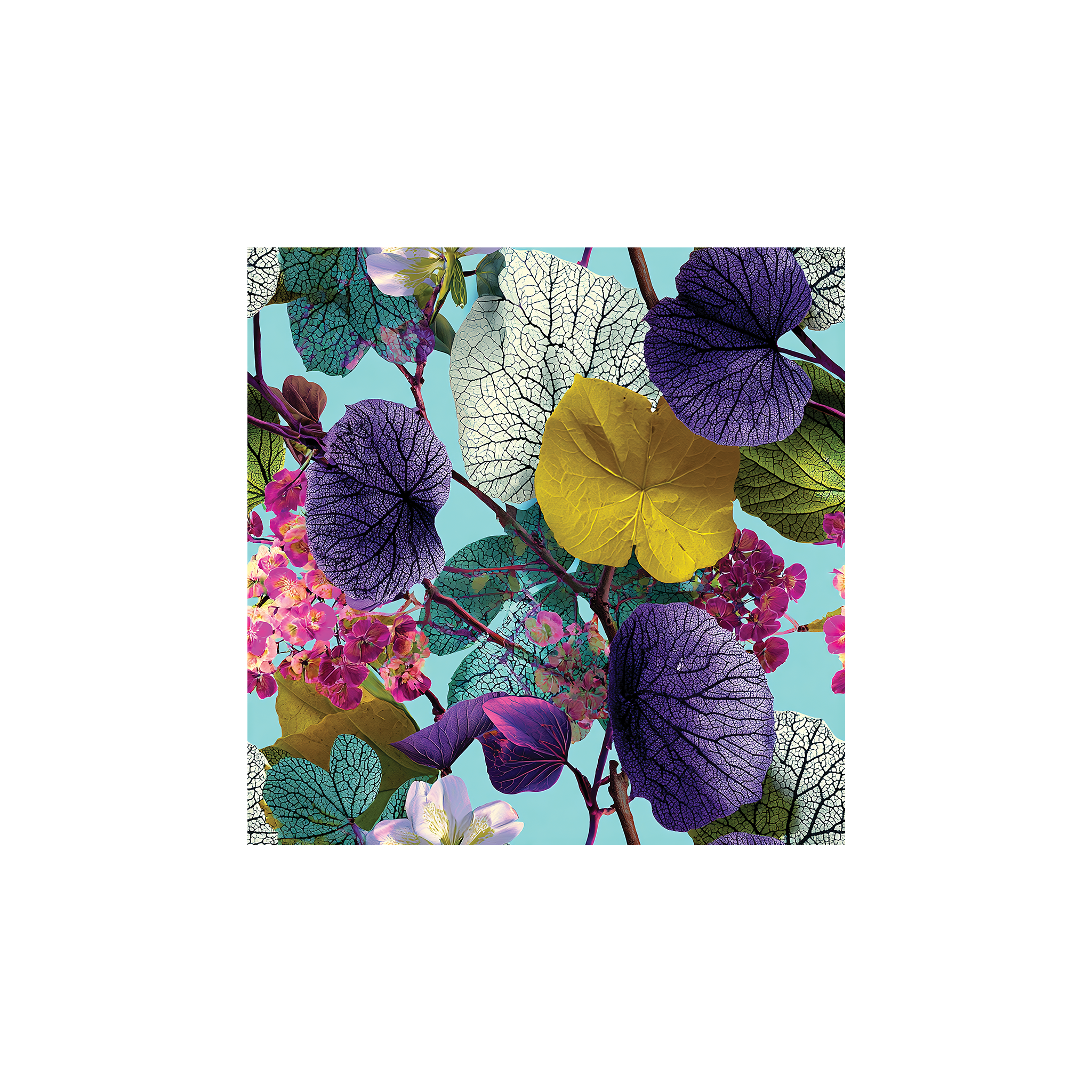 Tissu Vita Maison Cossettini, feuilles colorées violet, vert, or et turquoise, motif botanique moderne.