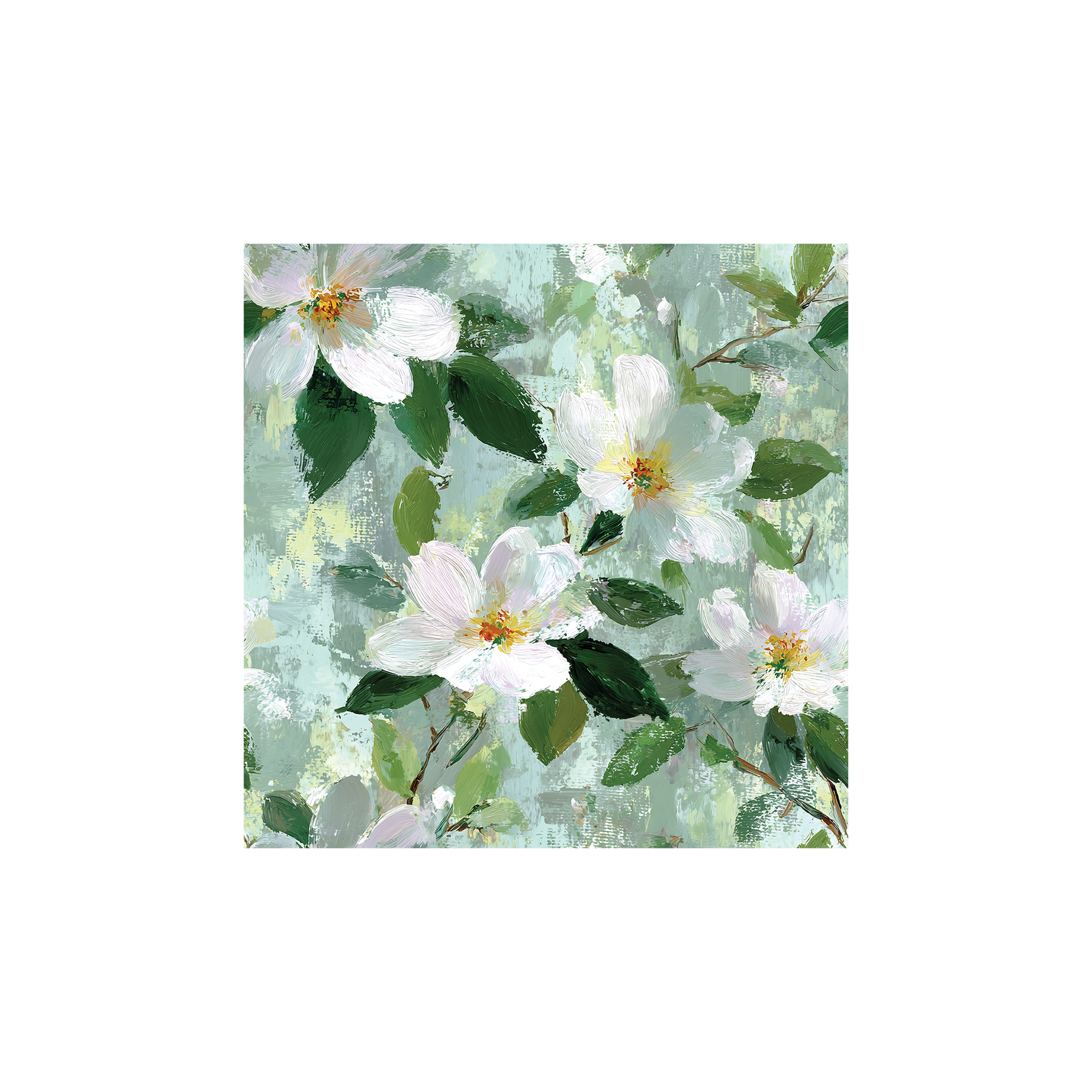 Tissu Matteo Maison Cossettini, fleurs blanches et feuillage vert sur fond vert d’eau, effet peinture artistique.