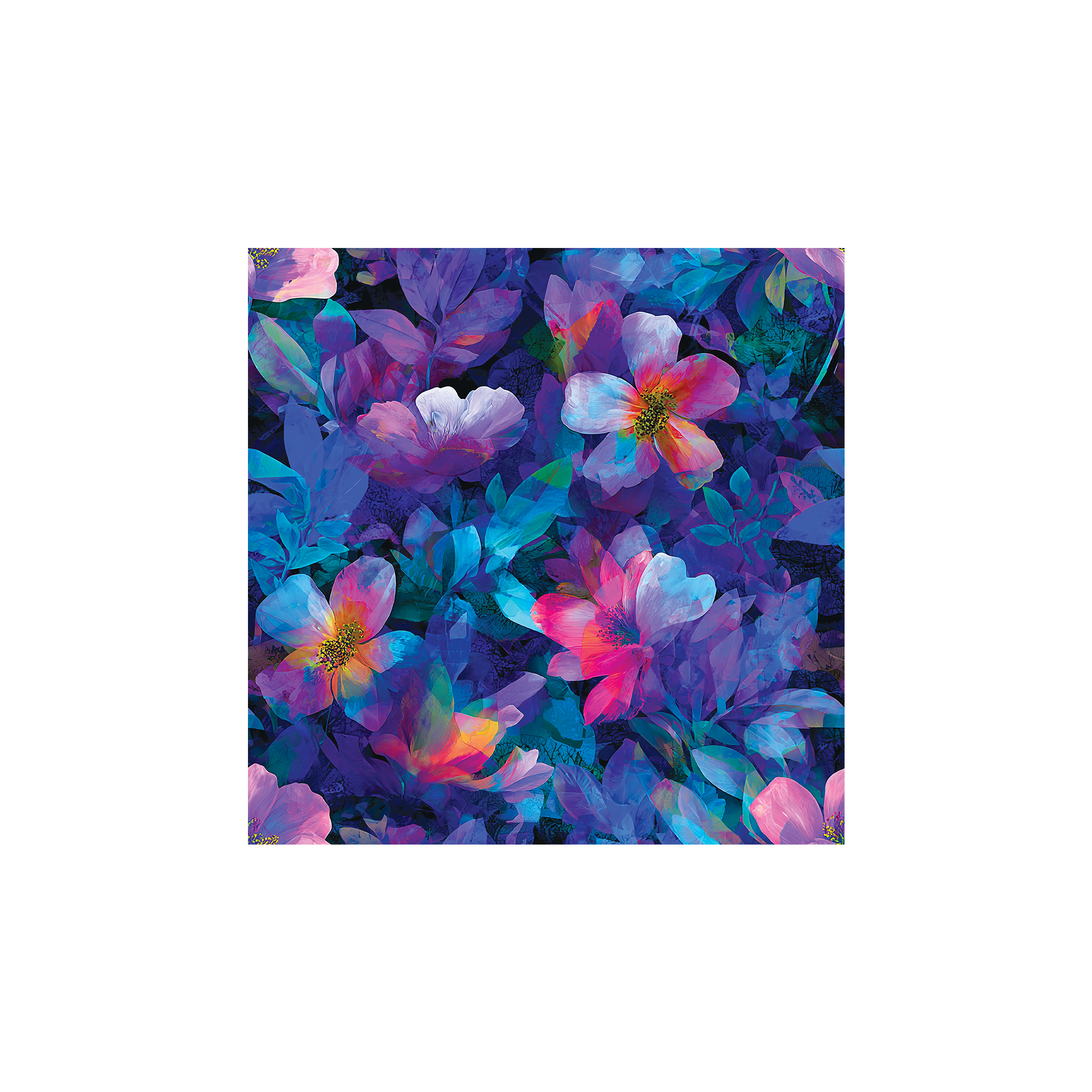 Tissu Sara Maison Cossettini, motif floral artistique aux nuances de violet, bleu et rose, collection Atelier.
