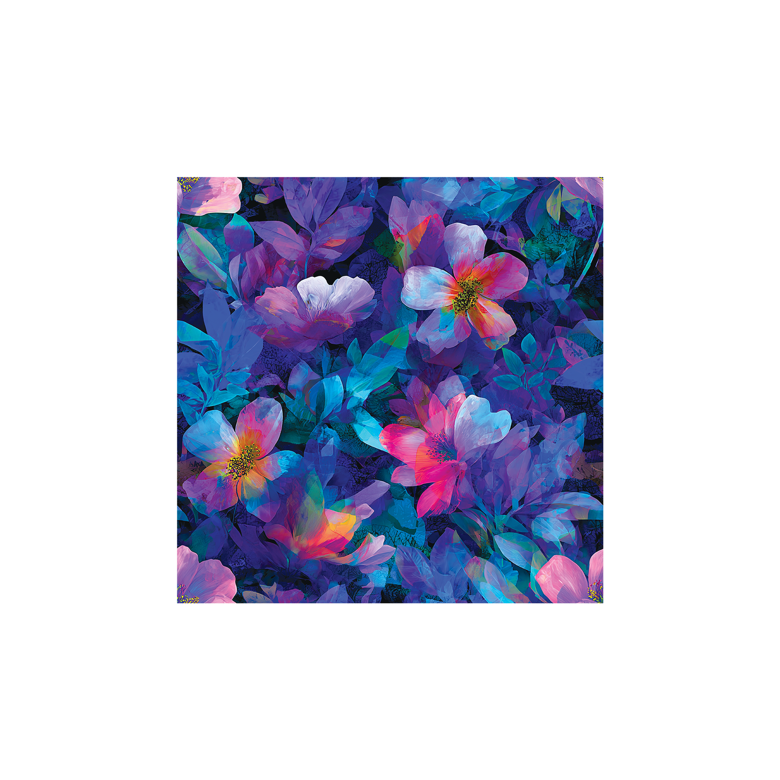 Tissu Sara Maison Cossettini, motif floral artistique aux nuances de violet, bleu et rose, collection Atelier.
