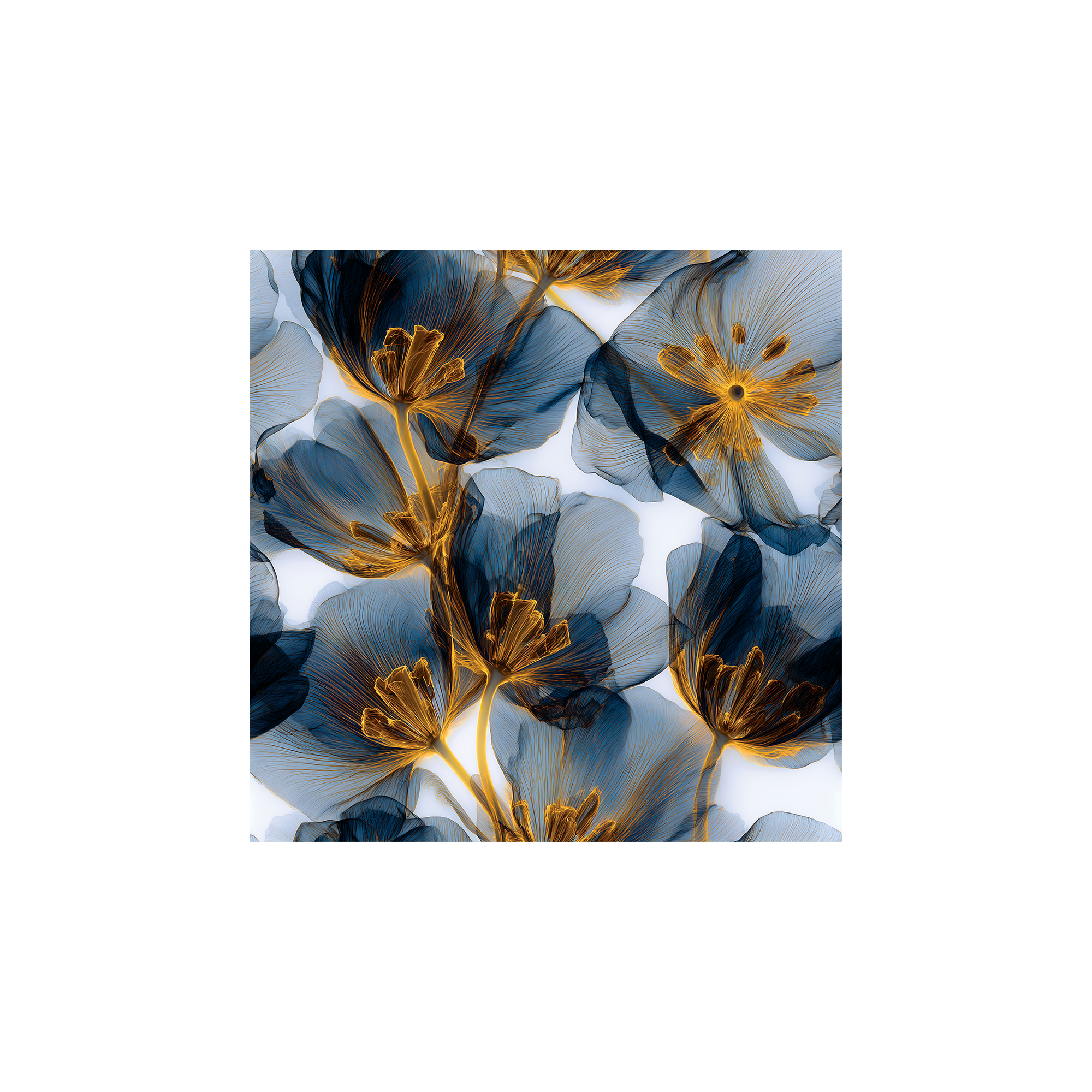 Tissu Tania Maison Cossettini, motif floral transparent or et bleu, style contemporain, collection signature.